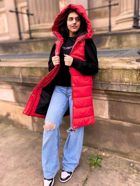 RISING WOMEN’S QUILT HOODED LONG JACKET - RED